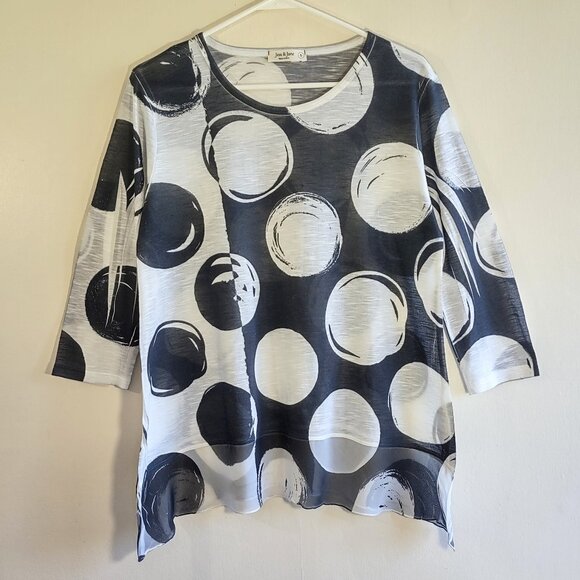 Jess and Jane Abstract Circles Top 3/4 Sleeve Asymmetrical Sheer Hem Artsy Small - Picture 3 of 8
